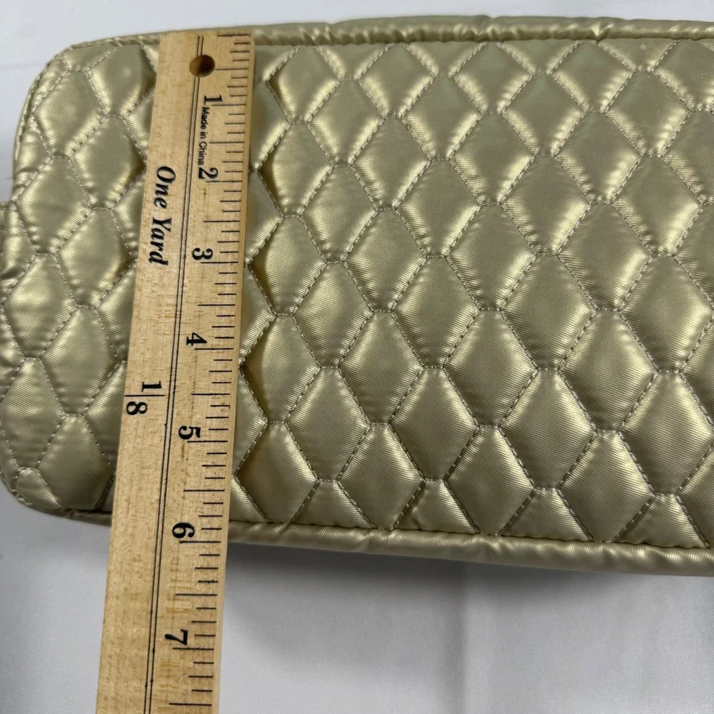 Lug Quilted Cosmetic Bag Metallic Champagne Gold Floral Lining Travel Pouch